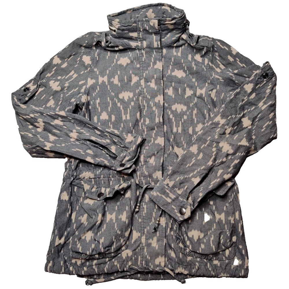 OBEY Propaganda Women 4 (XS) Gray Abstract Cotton Snap Hooded Utility Jacket